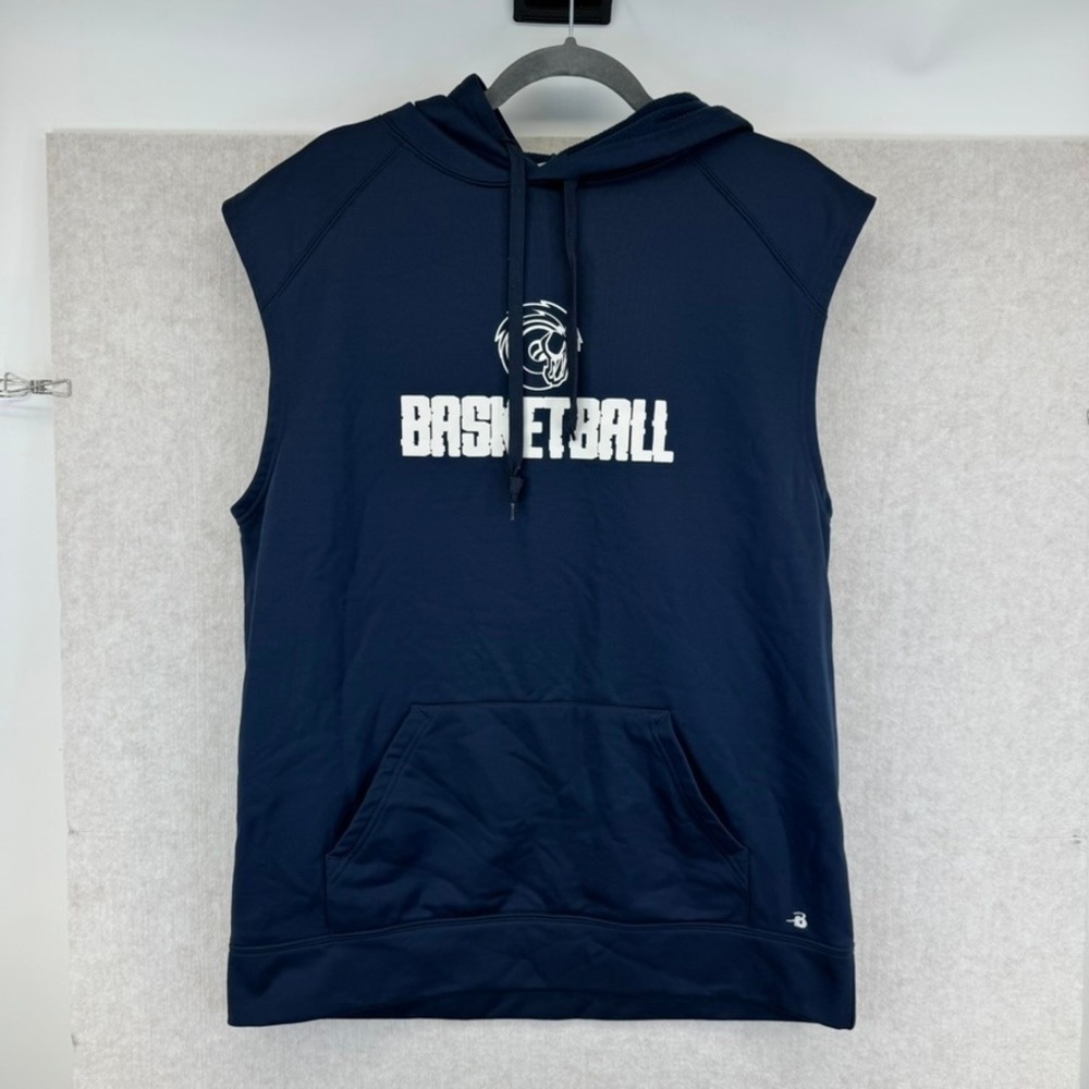 Navy Blue Sleeveless Basketball Hoodie Mens Large Team Logo Front Pocket